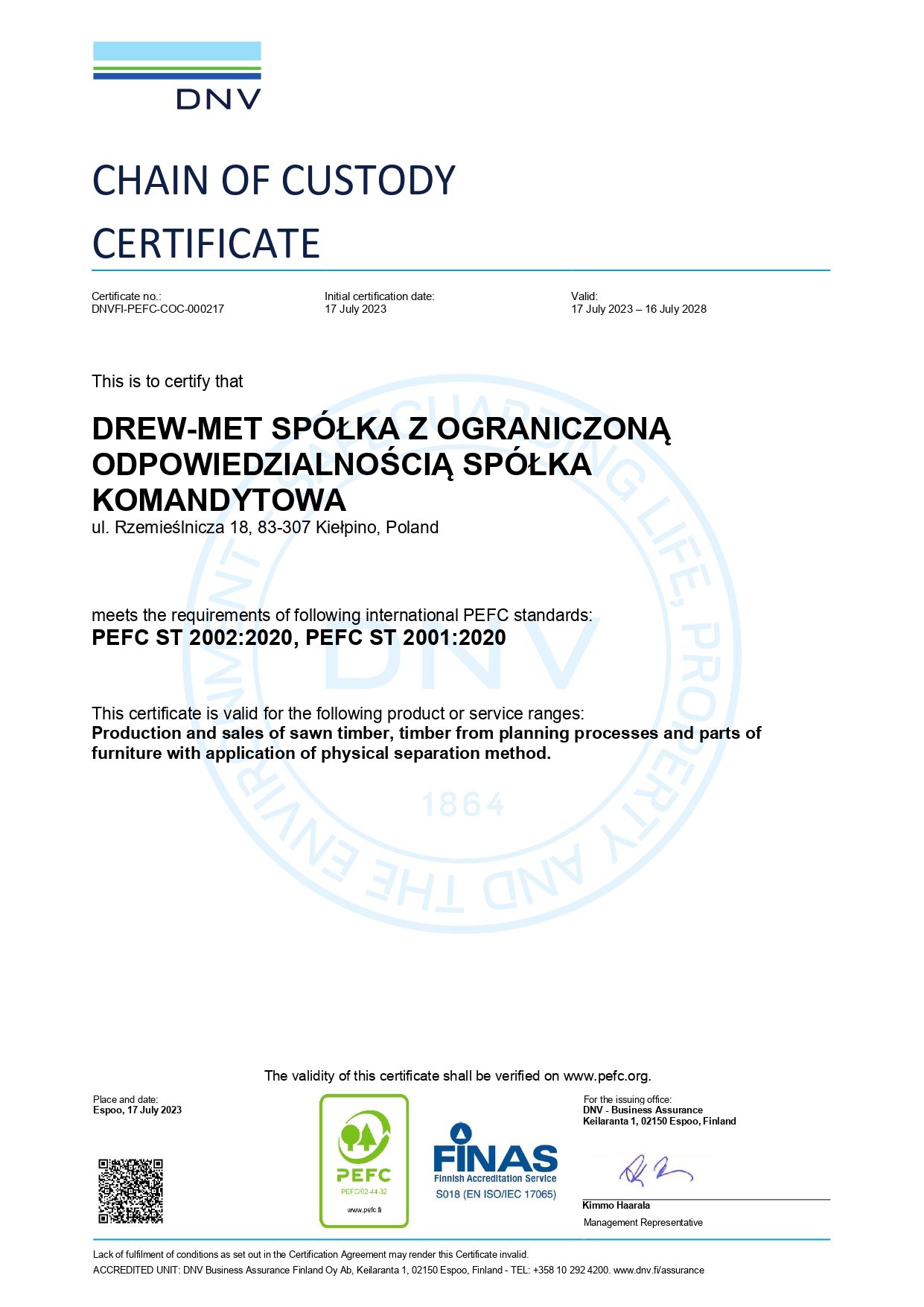 certificate PEFC